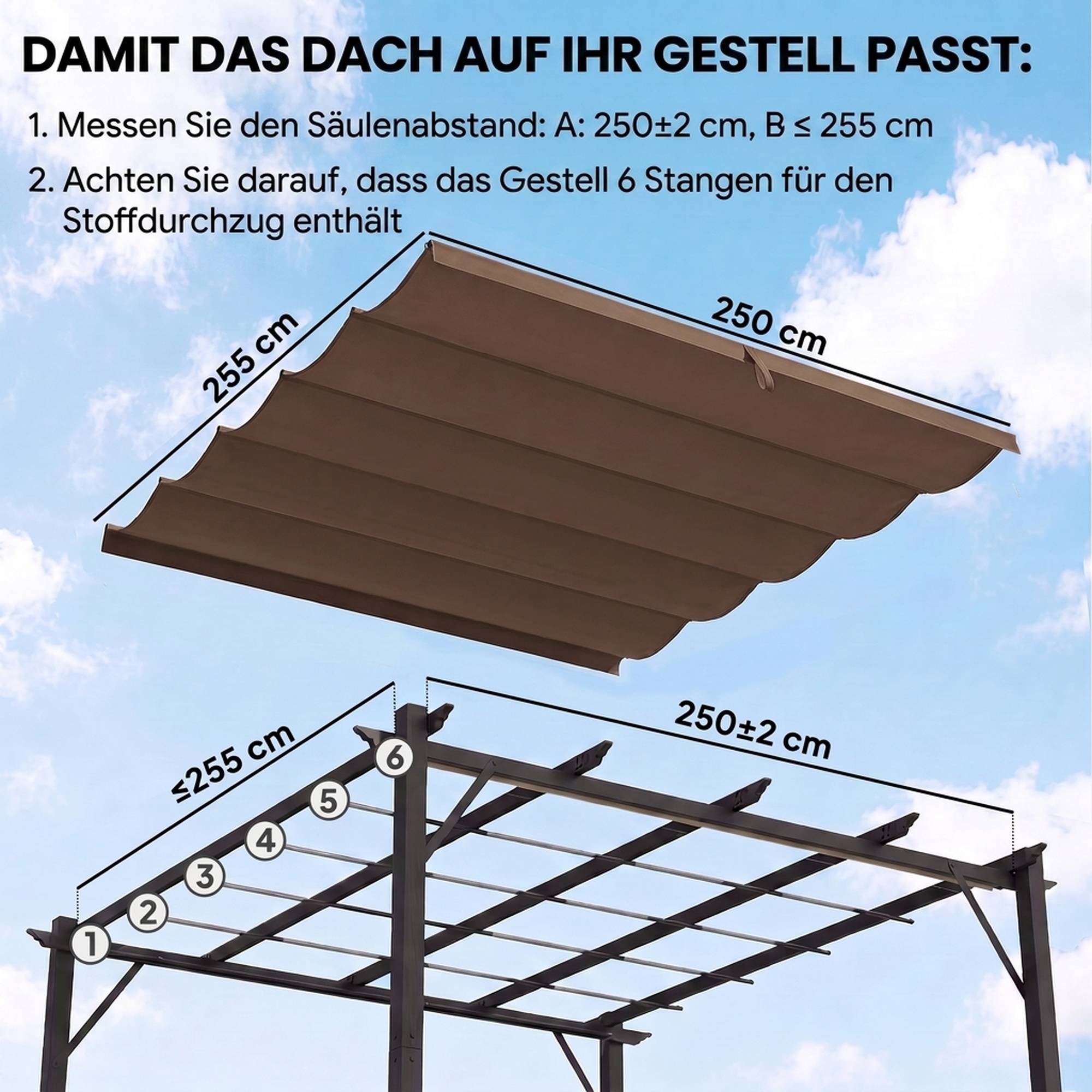 Toit remplacement pergola 3x3 m rétractable trous évacuation résistant polyester 250x255 cm café - Image 6