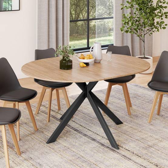 Table à manger extensible ronde ALIX 4-8 personnes pied araignée bois et noir 110-150 cm - Image 1
