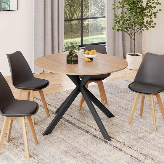Table à manger extensible ronde ALIX 4-8 personnes pied araignée bois et noir 110-150 cm - Image 4