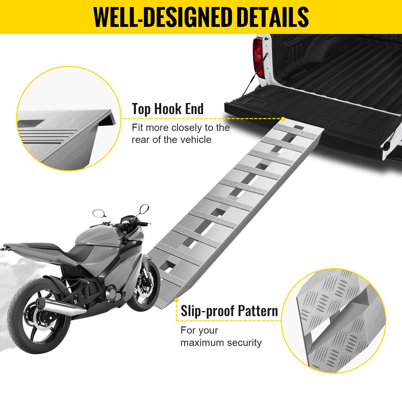 VEVOR Rampes de chargement alu 2722kg (2PCs), 152x30.5cm, crochet queue de castor, pour moto, VTT, tracteur. - Image 3