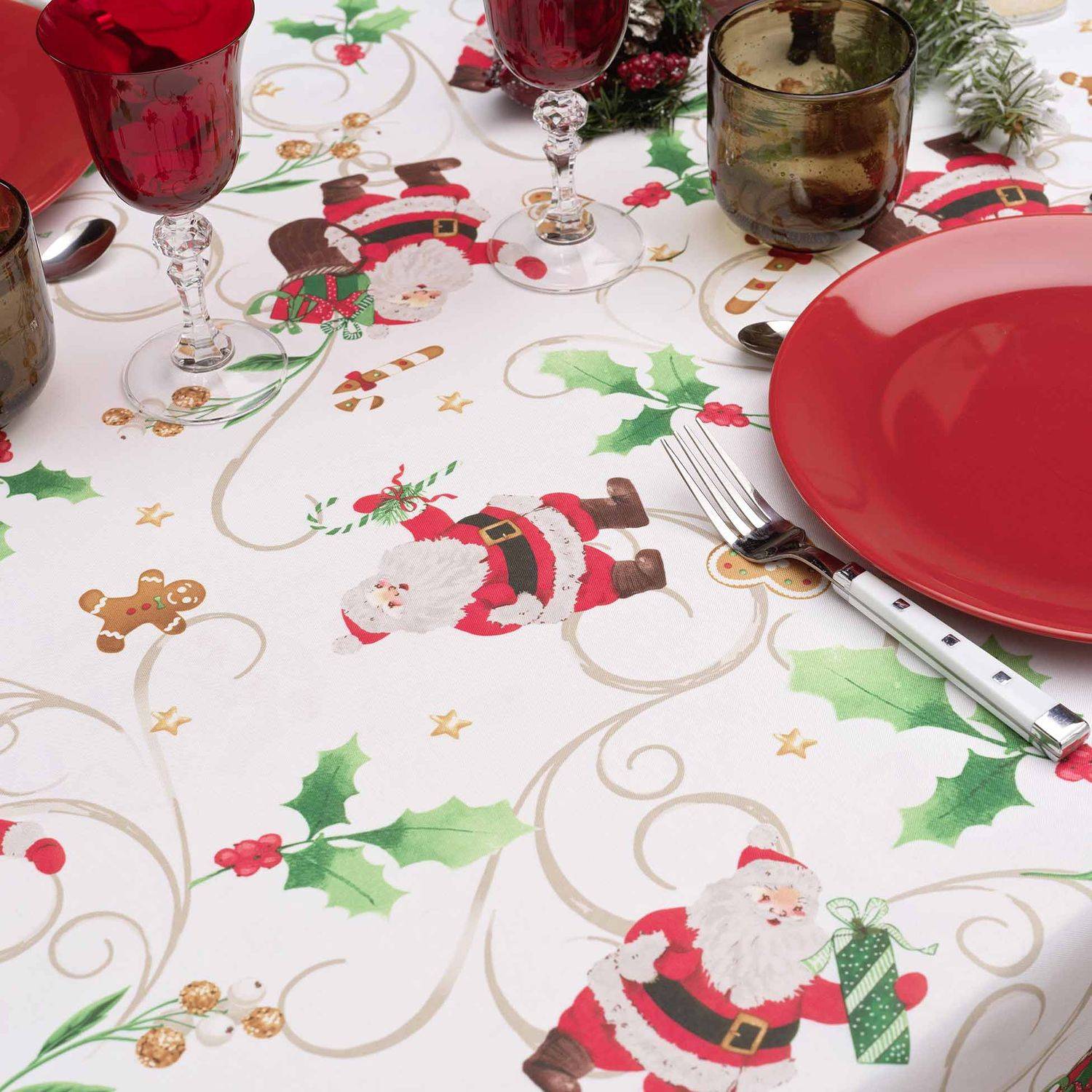 Sans Marque - Nappe rectangulaire antitache et infroissable Père Noël - 150 x 240 cm - Blanc et rouge - Douceur d'intérieur - Imagen 4