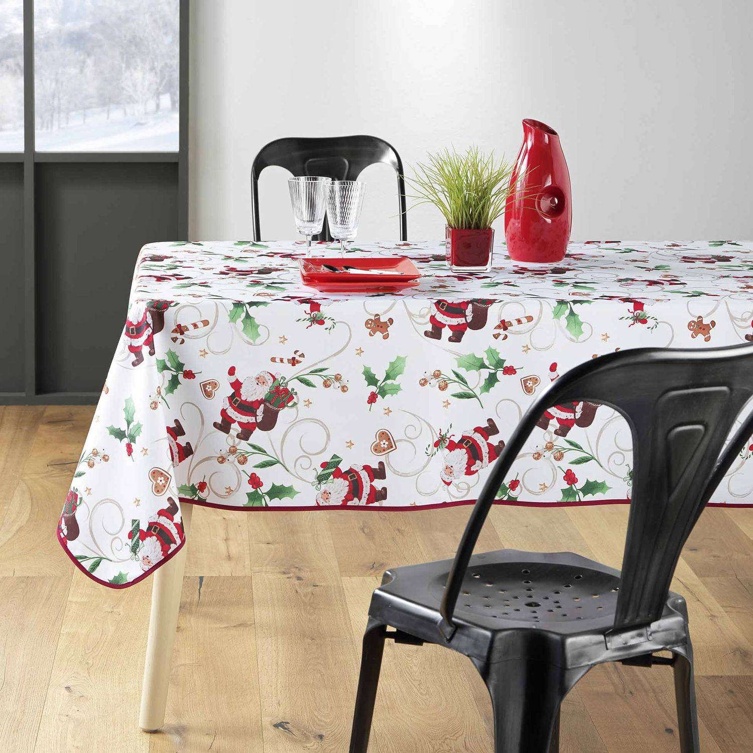 Sans Marque - Nappe rectangulaire antitache et infroissable Père Noël - 150 x 240 cm - Blanc et rouge - Douceur d'intérieur - Imagen 5