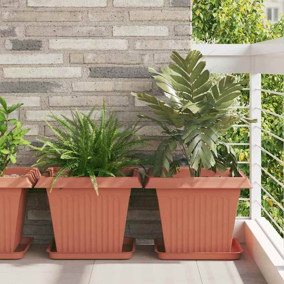 Lot de 6 Grands Pots de Fleurs Carrés Plastique pour Jardin Drainage 43x43x33,5 cm Rouge Brique - ComfortXL Outdoor Living - Image 1