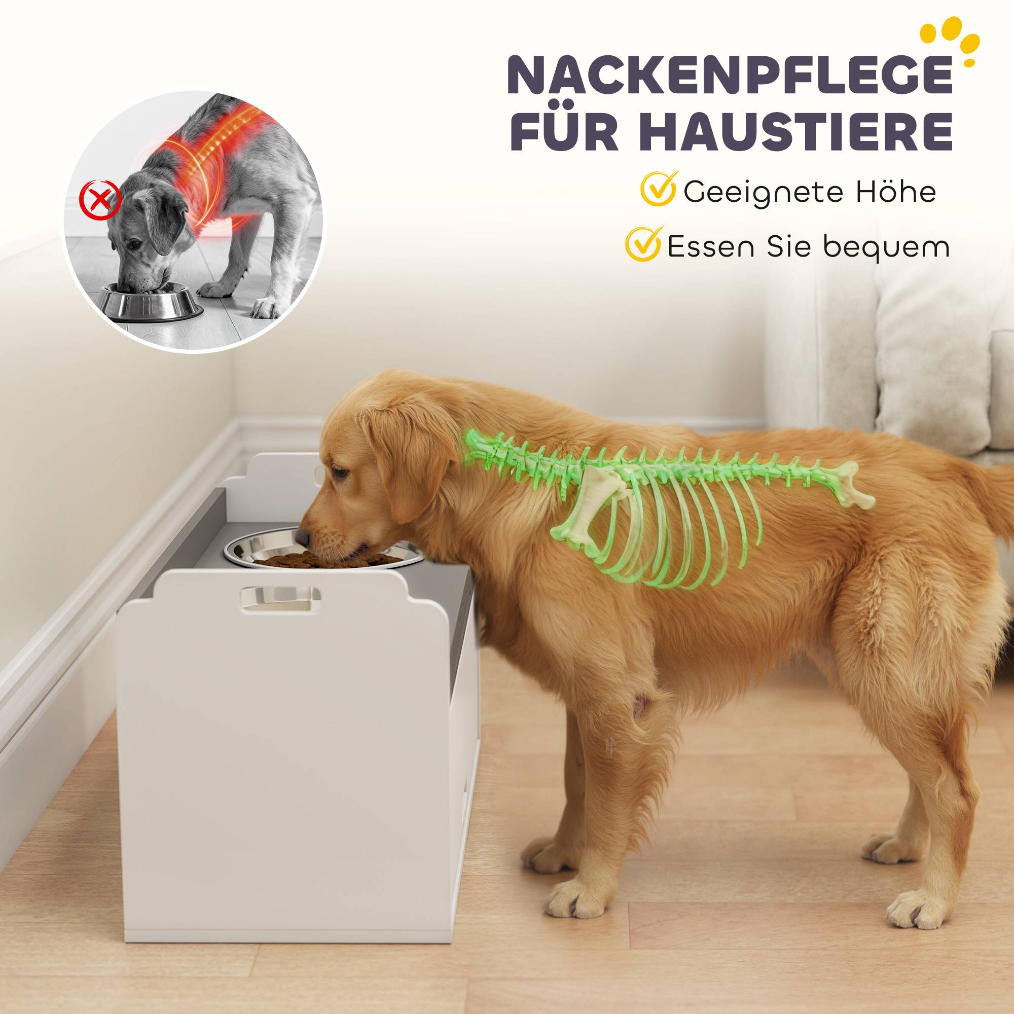 ComfortXL - Station repas chien surélevée MDF blanc 60 x 30 x 35,5 cm 2 gamelles inox rangement 25 L pour grands chiens - Image 5