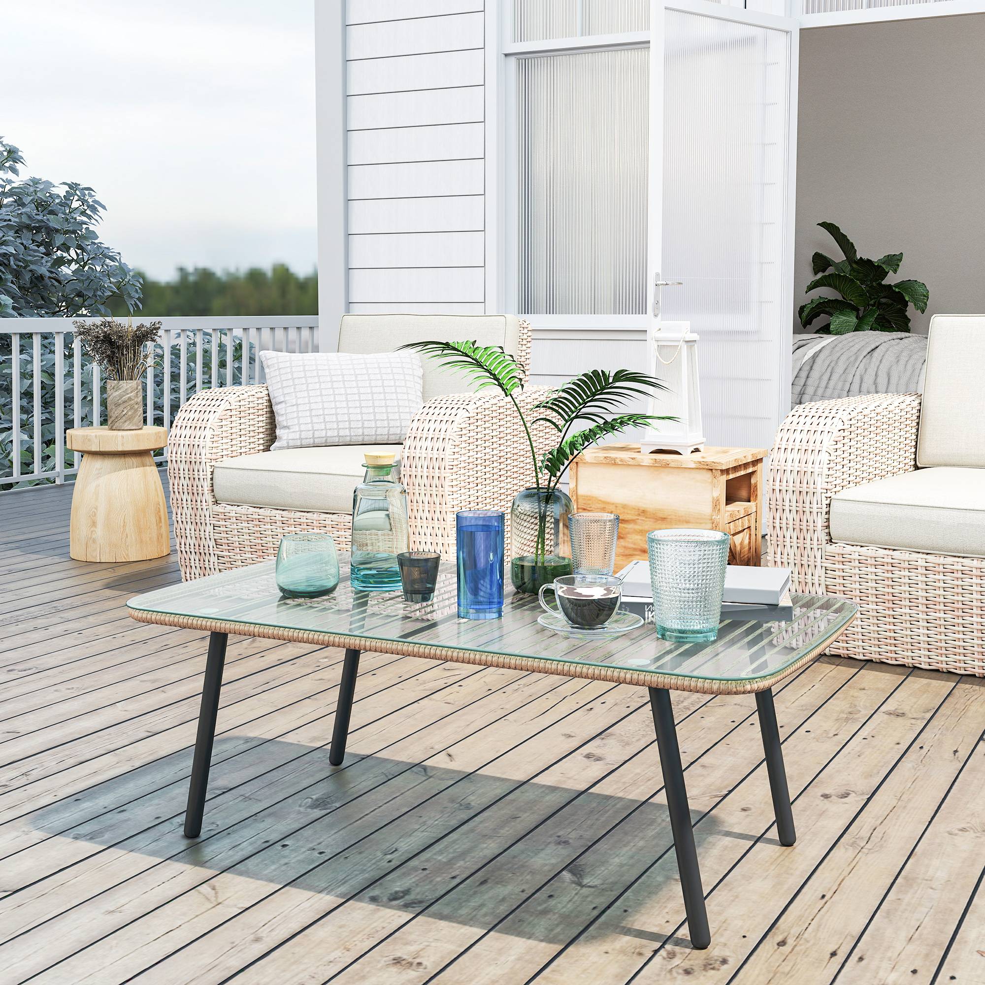 Table basse de jardin résine tressée terrasse plateau verre trempé bois - ComfortXL Outdoor Living - Image 9