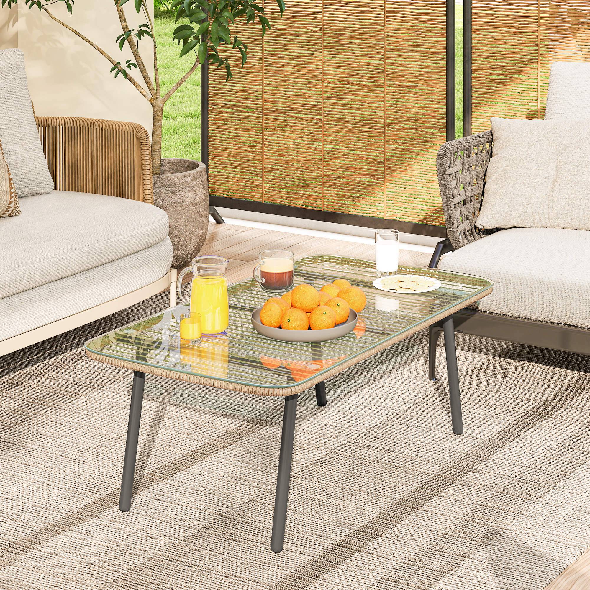 Table basse de jardin résine tressée terrasse plateau verre trempé bois - ComfortXL Outdoor Living - Image 10