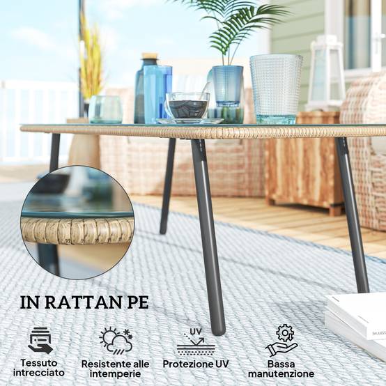 Table basse de jardin résine tressée terrasse plateau verre trempé bois - ComfortXL Outdoor Living - Image 6
