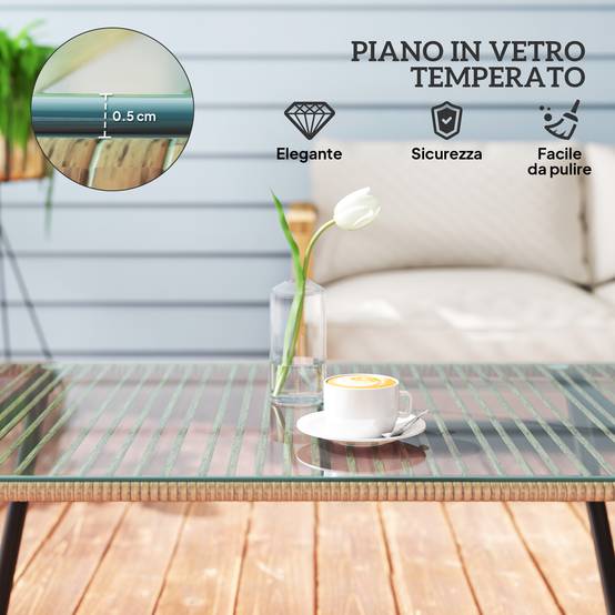 Table basse de jardin résine tressée terrasse plateau verre trempé bois - ComfortXL Outdoor Living - Image 7