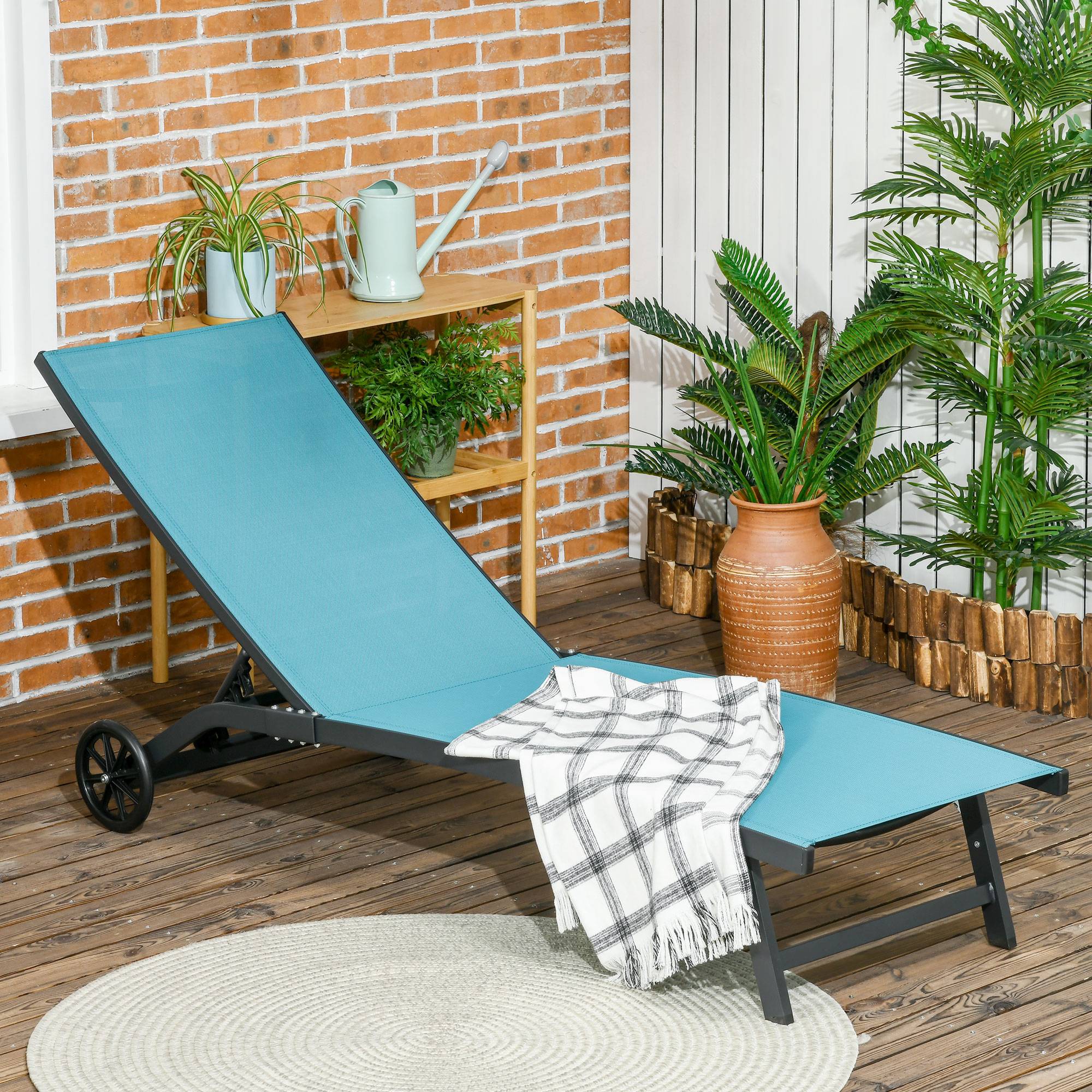 Chaise longue, dossier réglable 5 positions, tissu respirant, structure en aluminium, bleue, 195 x 66 x 34 cm - Image 4