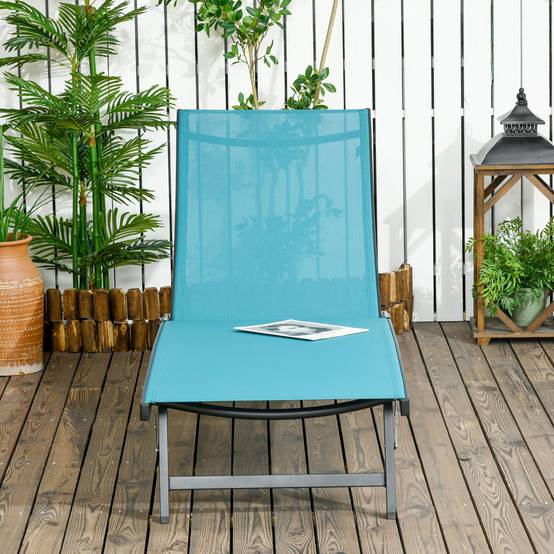 Chaise longue, dossier réglable 5 positions, tissu respirant, structure en aluminium, bleue, 195 x 66 x 34 cm - Image 3