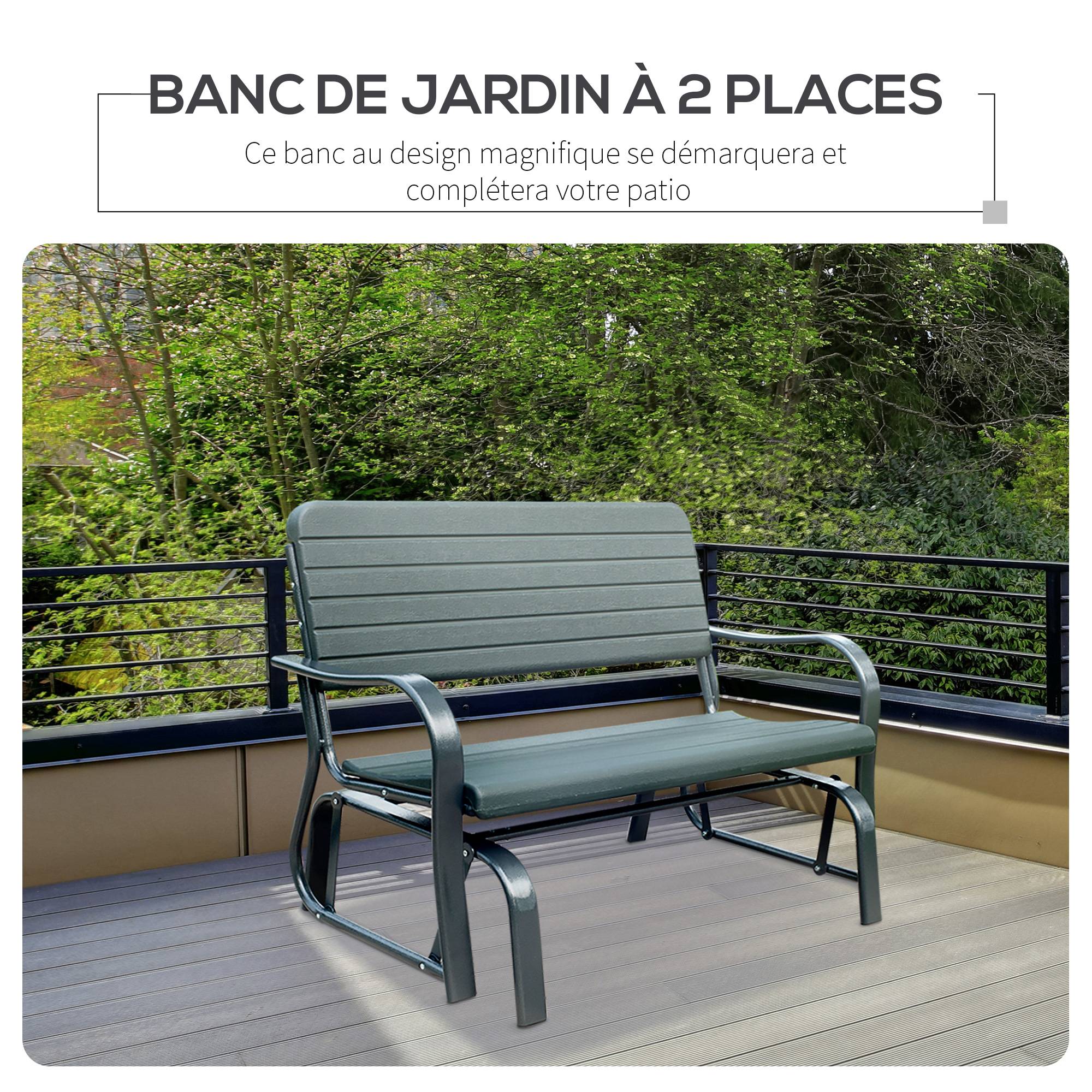 Outsunny - Banc à bascule de jardin 2 places - accoudoirs, assise, dossier ergonomique - métal époxy HDPE effet grain bois vert fougère - Outsunny - Imagen 5