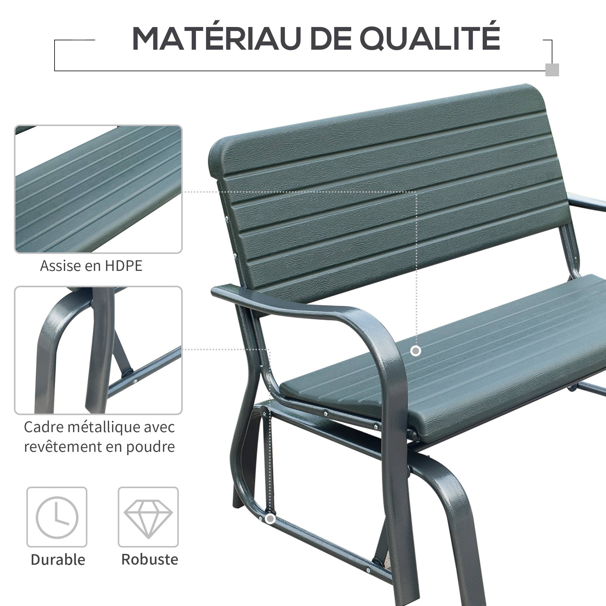 Outsunny - Banc à bascule de jardin 2 places - accoudoirs, assise, dossier ergonomique - métal époxy HDPE effet grain bois vert fougère - Outsunny - Imagen 6