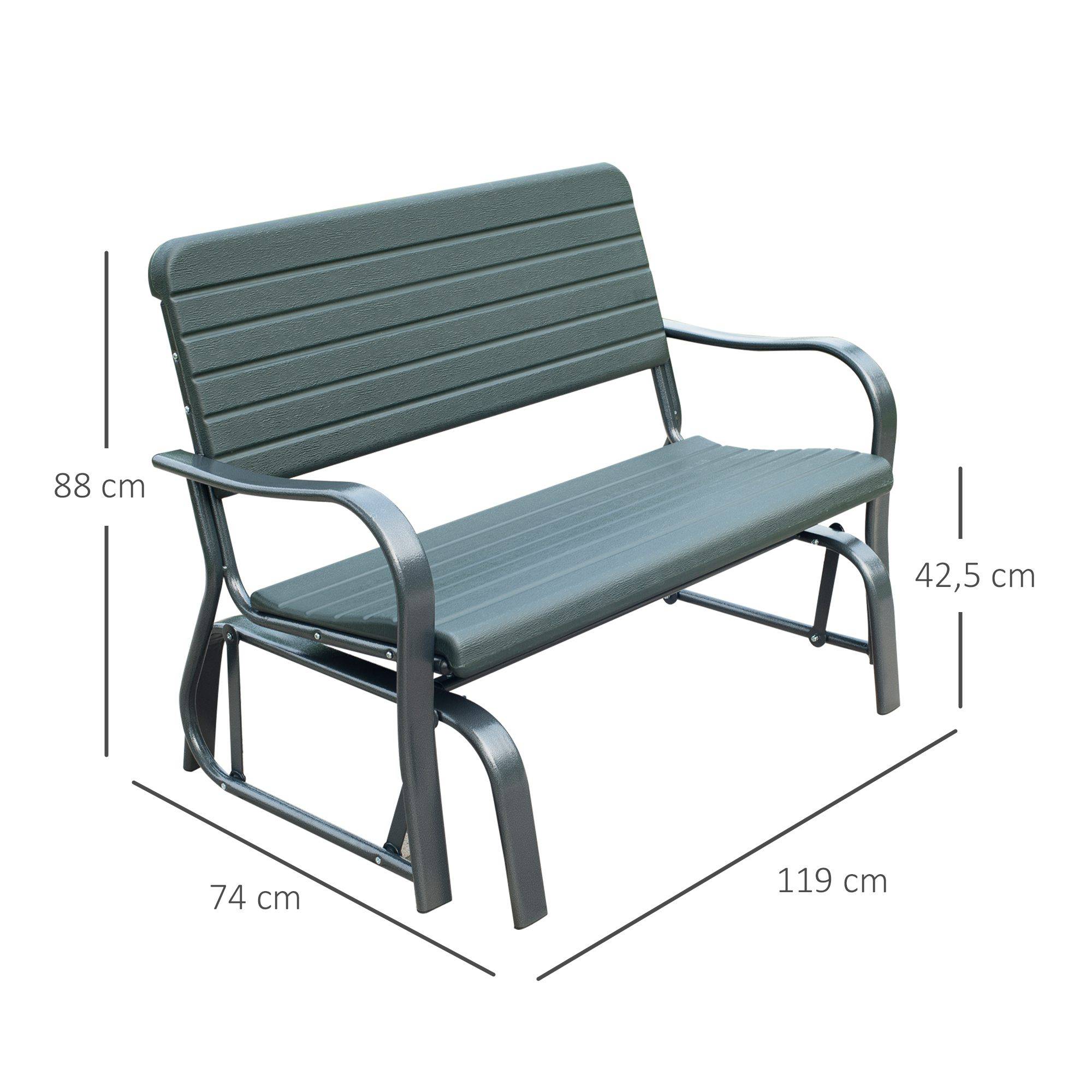 Outsunny - Banc à bascule de jardin 2 places - accoudoirs, assise, dossier ergonomique - métal époxy HDPE effet grain bois vert fougère - Outsunny - Imagen 3