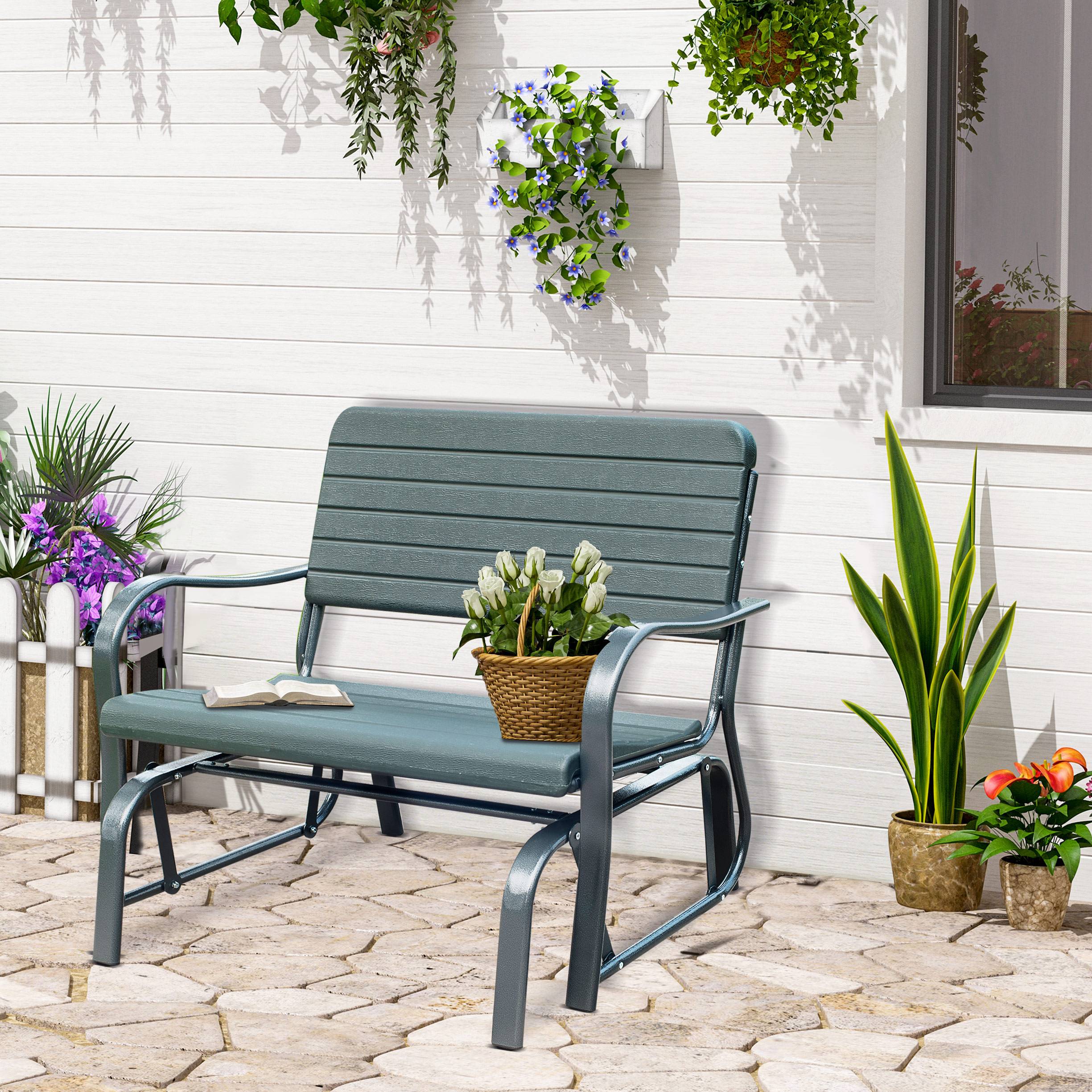 Outsunny - Banc à bascule de jardin 2 places - accoudoirs, assise, dossier ergonomique - métal époxy HDPE effet grain bois vert fougère - Outsunny - Imagen 2