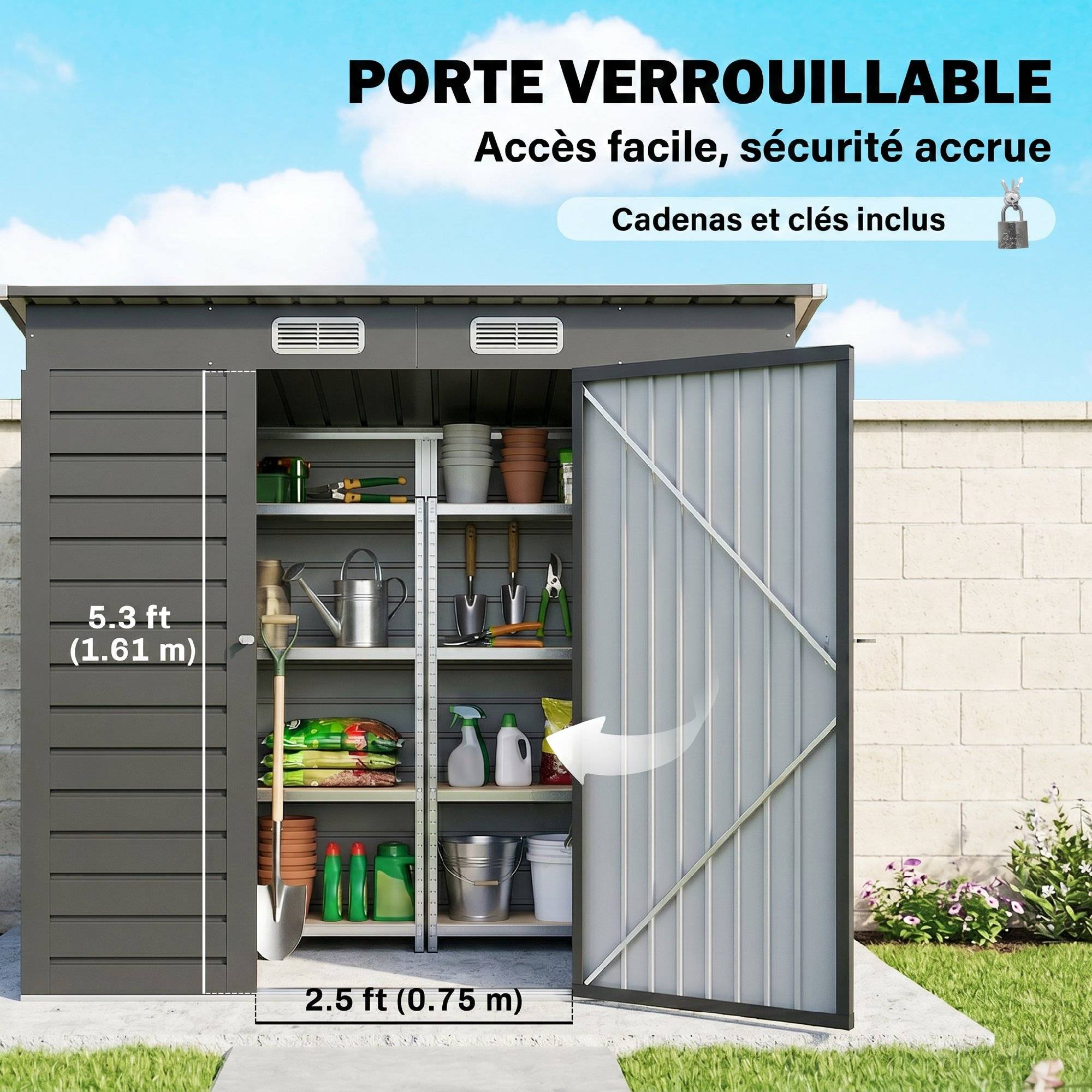 Maison Chic - Abri de jardin 2,3m² - pour Outils - cabanon Porte verrouillable - 191x130x166,5-183cm - acier - Image 7
