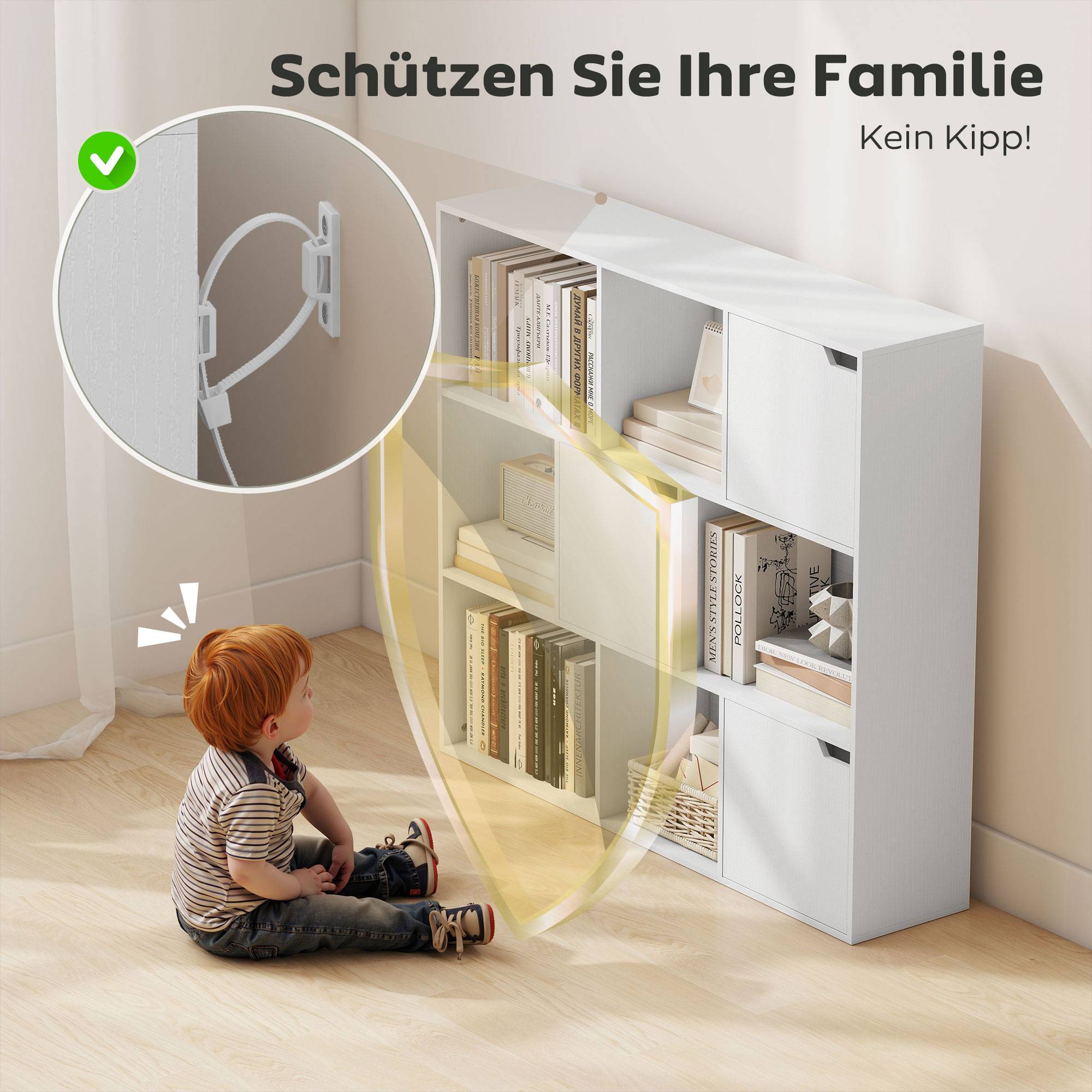 Bibliothèque, 9 compartiments, 3 portes, 6 étagères ouvertes, pour salon, chambre, panneaux de particules, blanc - Image 8