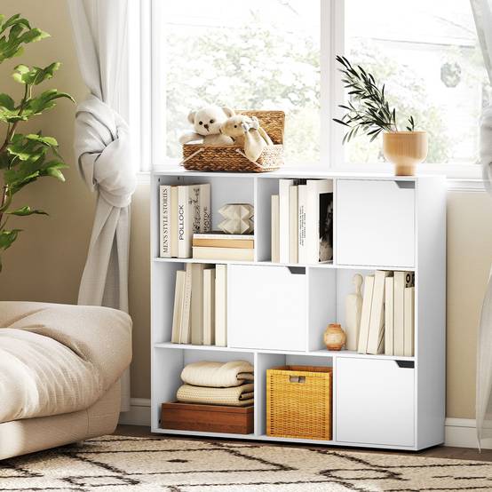 Bibliothèque, 9 compartiments, 3 portes, 6 étagères ouvertes, pour salon, chambre, panneaux de particules, blanc - Image 4