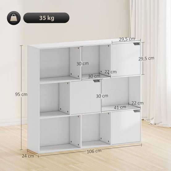 Bibliothèque, 9 compartiments, 3 portes, 6 étagères ouvertes, pour salon, chambre, panneaux de particules, blanc - Image 5