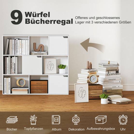 Bibliothèque, 9 compartiments, 3 portes, 6 étagères ouvertes, pour salon, chambre, panneaux de particules, blanc - Image 6