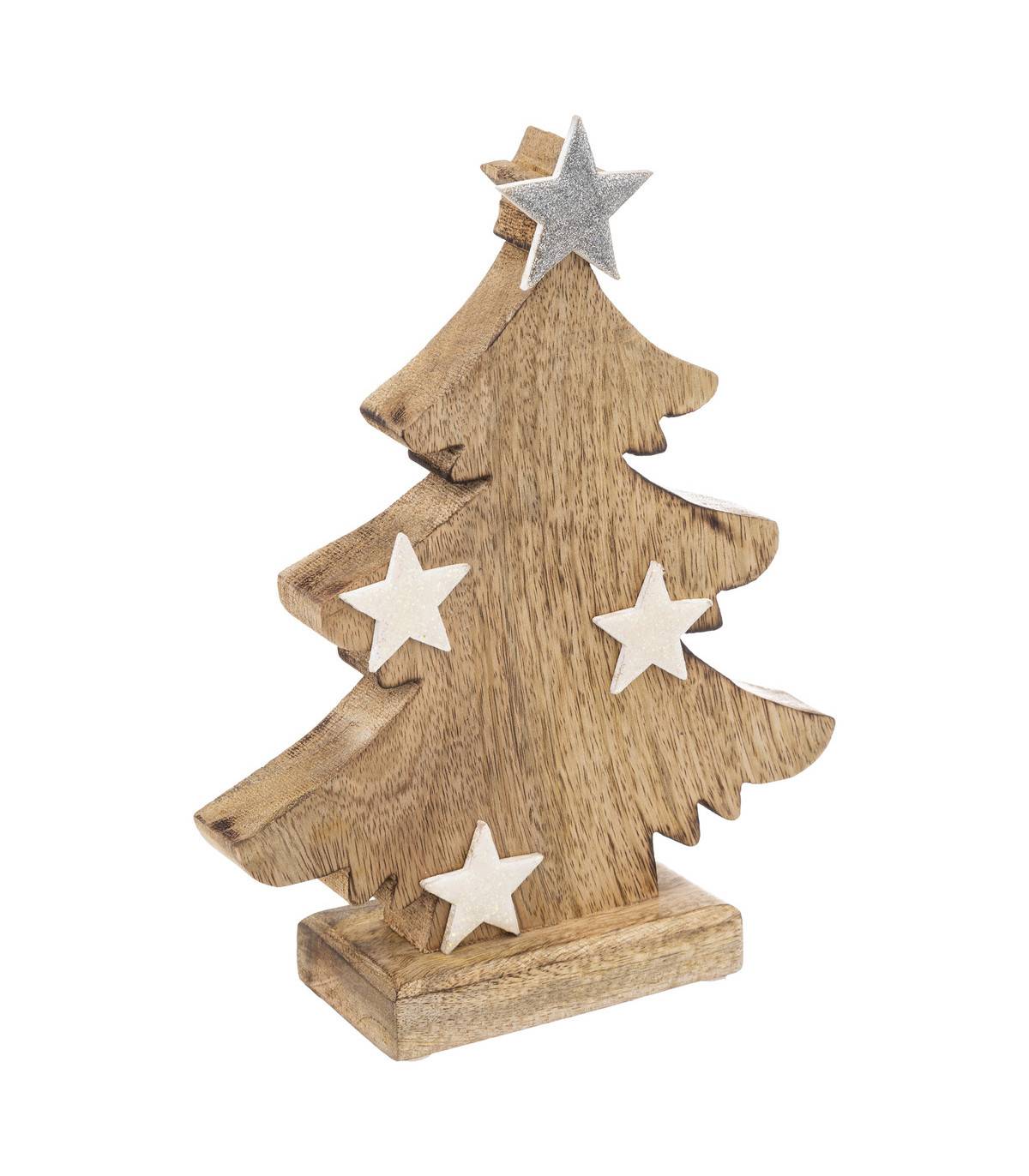 Fééric Lights & Christmas - Déco de Noël Sapin en bois avec étoiles blanches et cimier H 25 cm