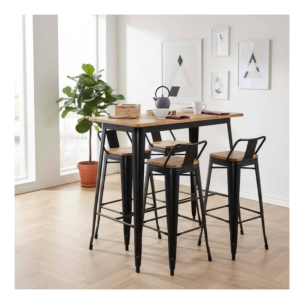 Aubry Gaspard - Tabouret de bar en métal laqué et bois d'orme huilé (Lot de 4) - Imagen 2