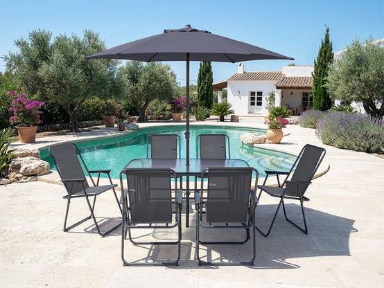 Table Et Chaises De Jardin Avec Parasol En Métal "convivia" - 6 Places - Gris Anthracite -habitat Et Jardin - Image 2