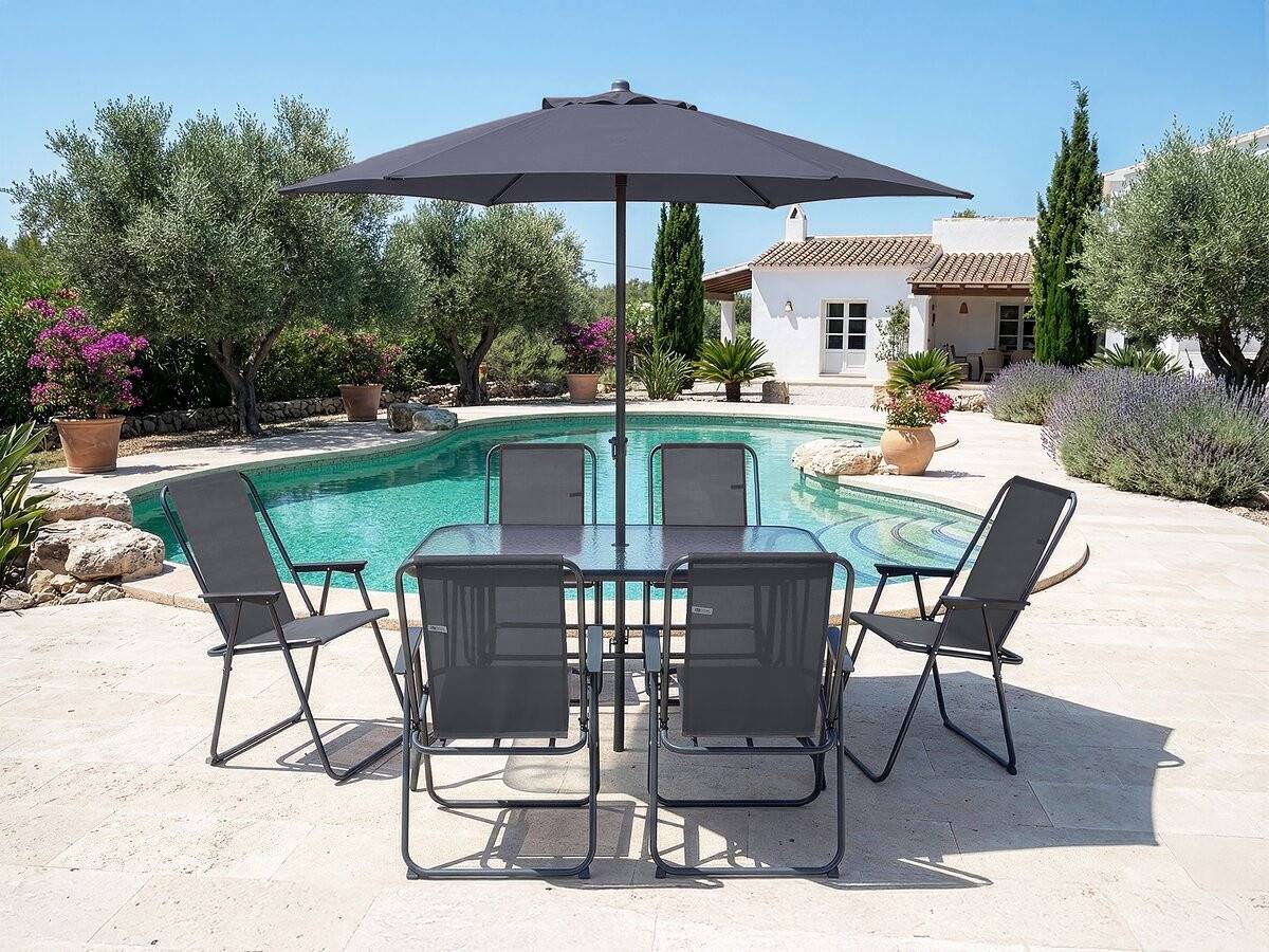Table Et Chaises De Jardin Avec Parasol En Métal "convivia" - 6 Places - Gris Anthracite -habitat Et Jardin - Image 2