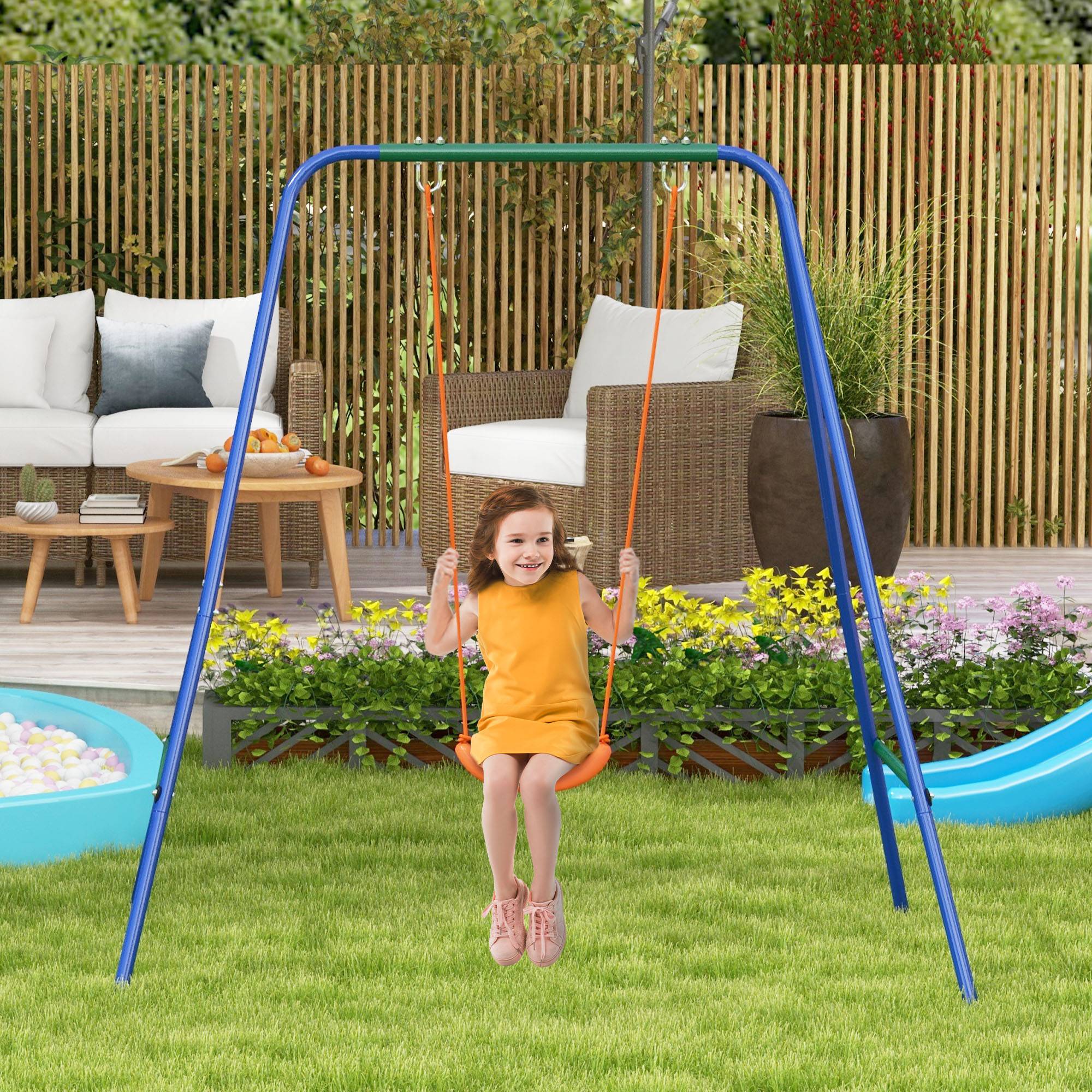 Balançoire enfant et bébé avec siège enfant, siège bébé et ceinture sécurité, 180×160×182 cm, orange, adapté aux petits - Image 1