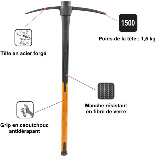 Gt Garden - Pioche avec manche en fibre de verre - 1.5 kg - GT GARDEN - Imagen 2