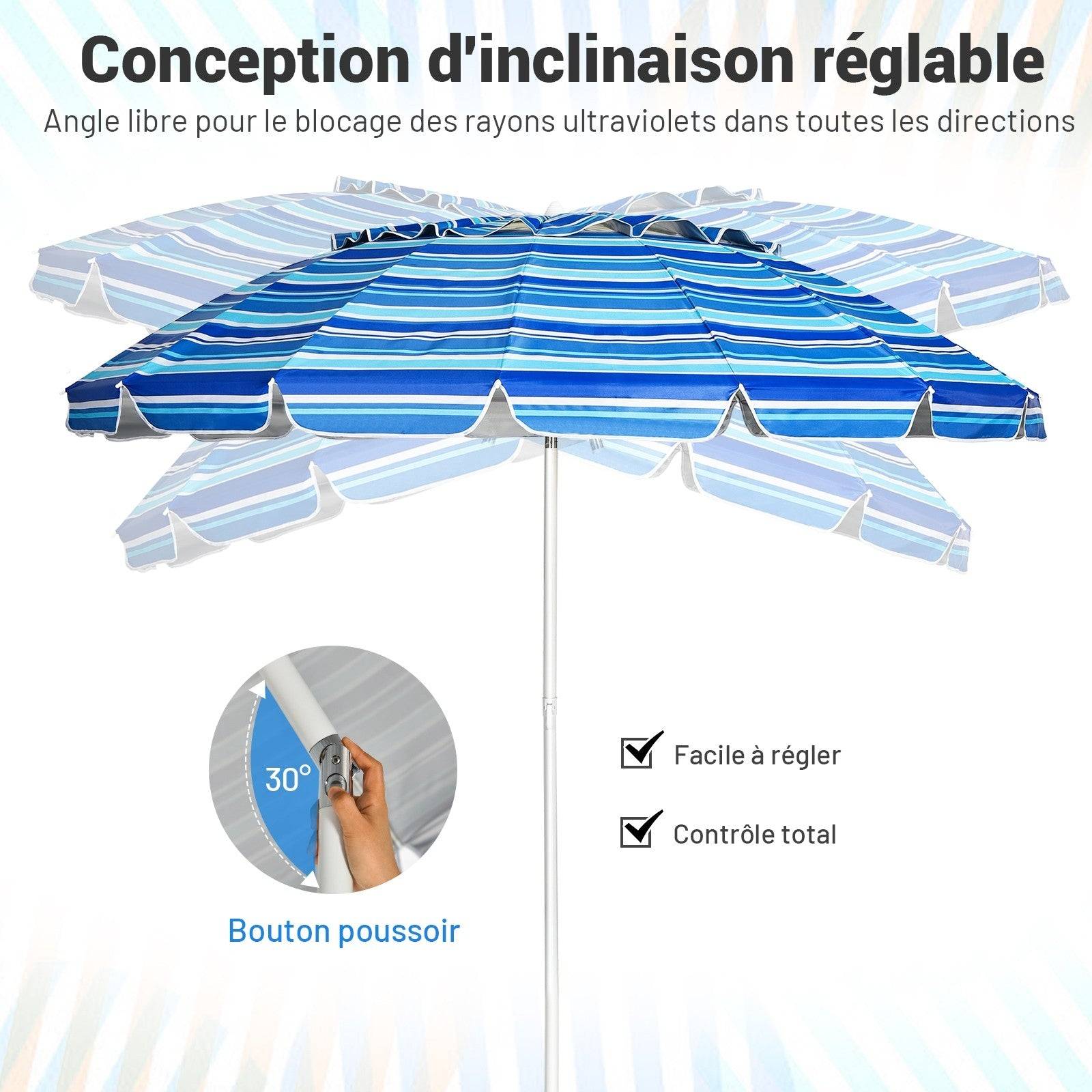 Helloshop26 - Parasol de plage inclinable 2,45 m protection upf 50+ baleines en fibre de verre avec sac pied amovible bleu ligne violet - Imagen 3