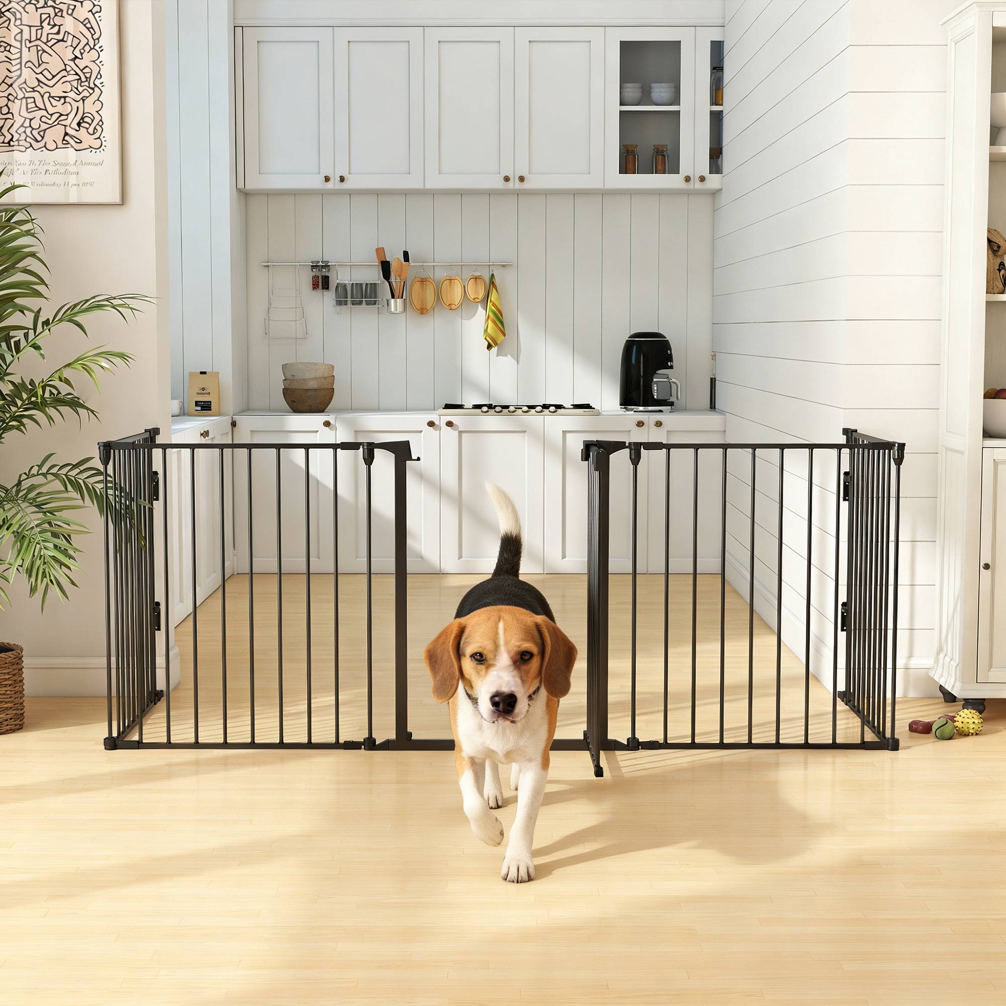 Barrière de sécurité pliable à 5 panneaux pour animaux de compagnie, 300 cm, avec verrouillage intelligent, pour escaliers et couloirs, noire. - Image 4