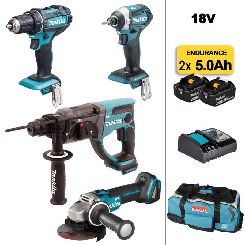 MAKITA Pack 4 machines 18V : DDF482 + DTD152 + DGA504 + DHR202 + 2 batteries 5Ah, chargeur et sac à roulettes - Image 1