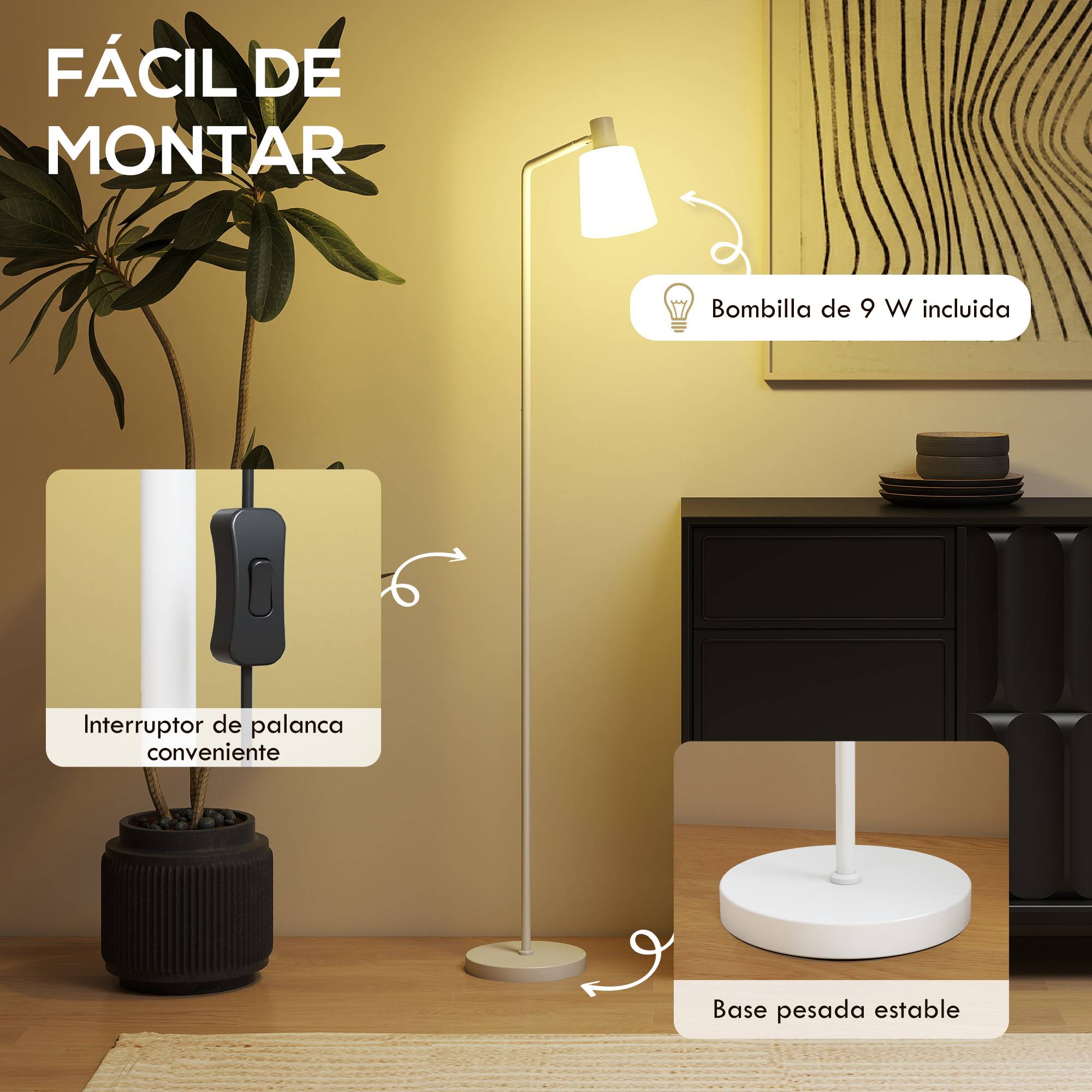 Lampadaire LED intensité modulable 3000K–6500K abat-jour orientable douille E27 blanche - Image 8