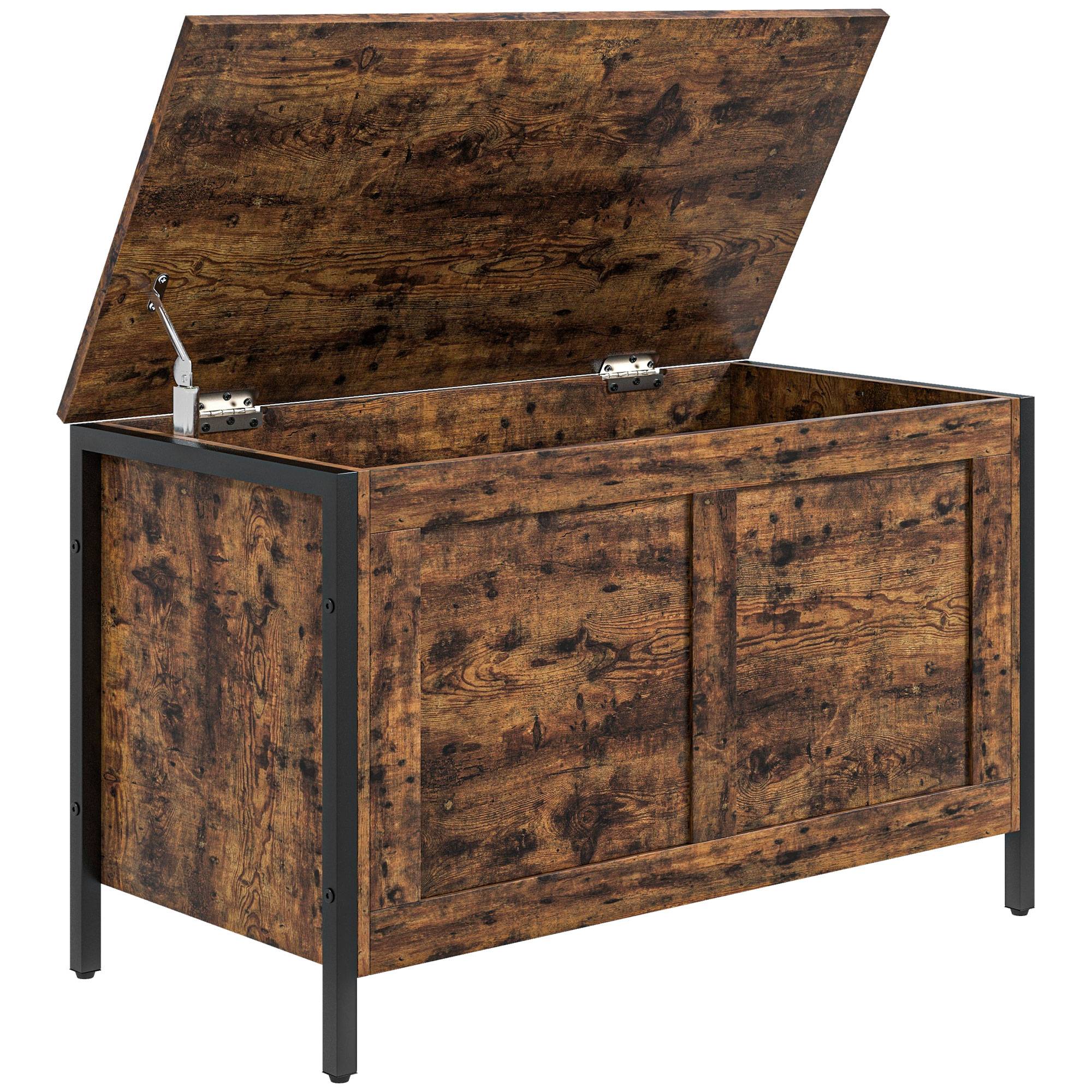 Coffre rangement industriel bois 95 L avec charnières sécurité, coffre jouets et banc rangement 80x40x49 cm marron rustique - Image 2