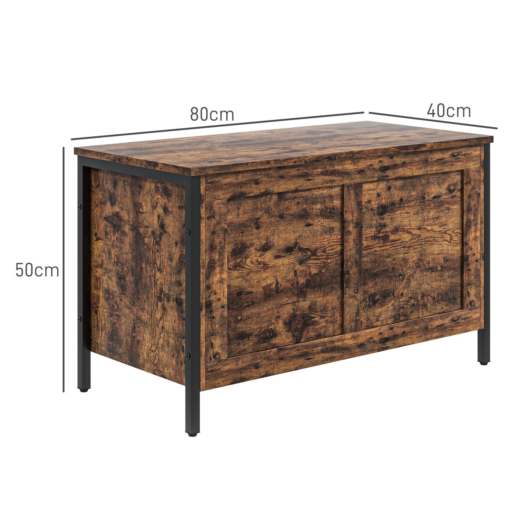 Coffre rangement industriel bois 95 L avec charnières sécurité, coffre jouets et banc rangement 80x40x49 cm marron rustique - Image 5