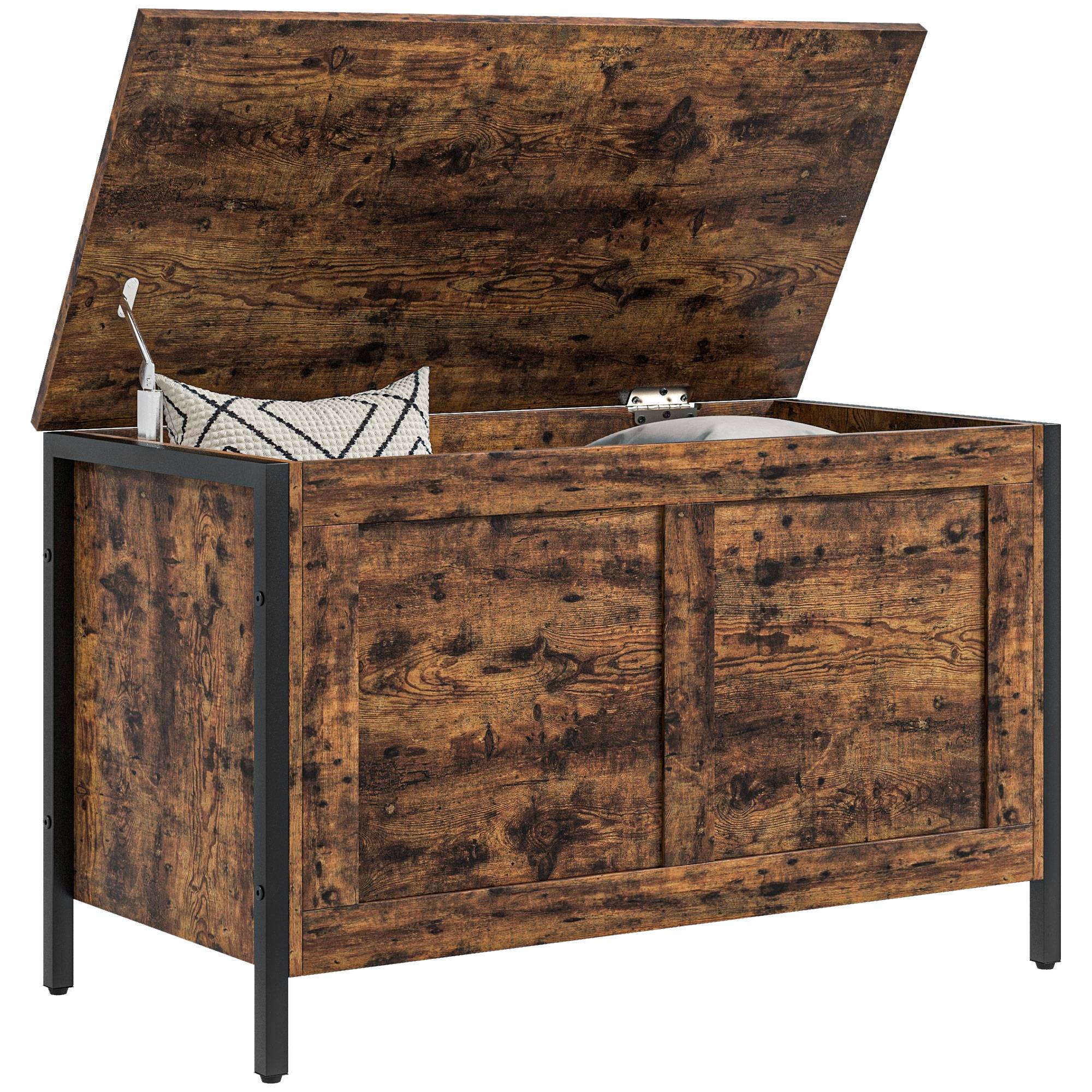 Coffre rangement industriel bois 95 L avec charnières sécurité, coffre jouets et banc rangement 80x40x49 cm marron rustique - Image 1