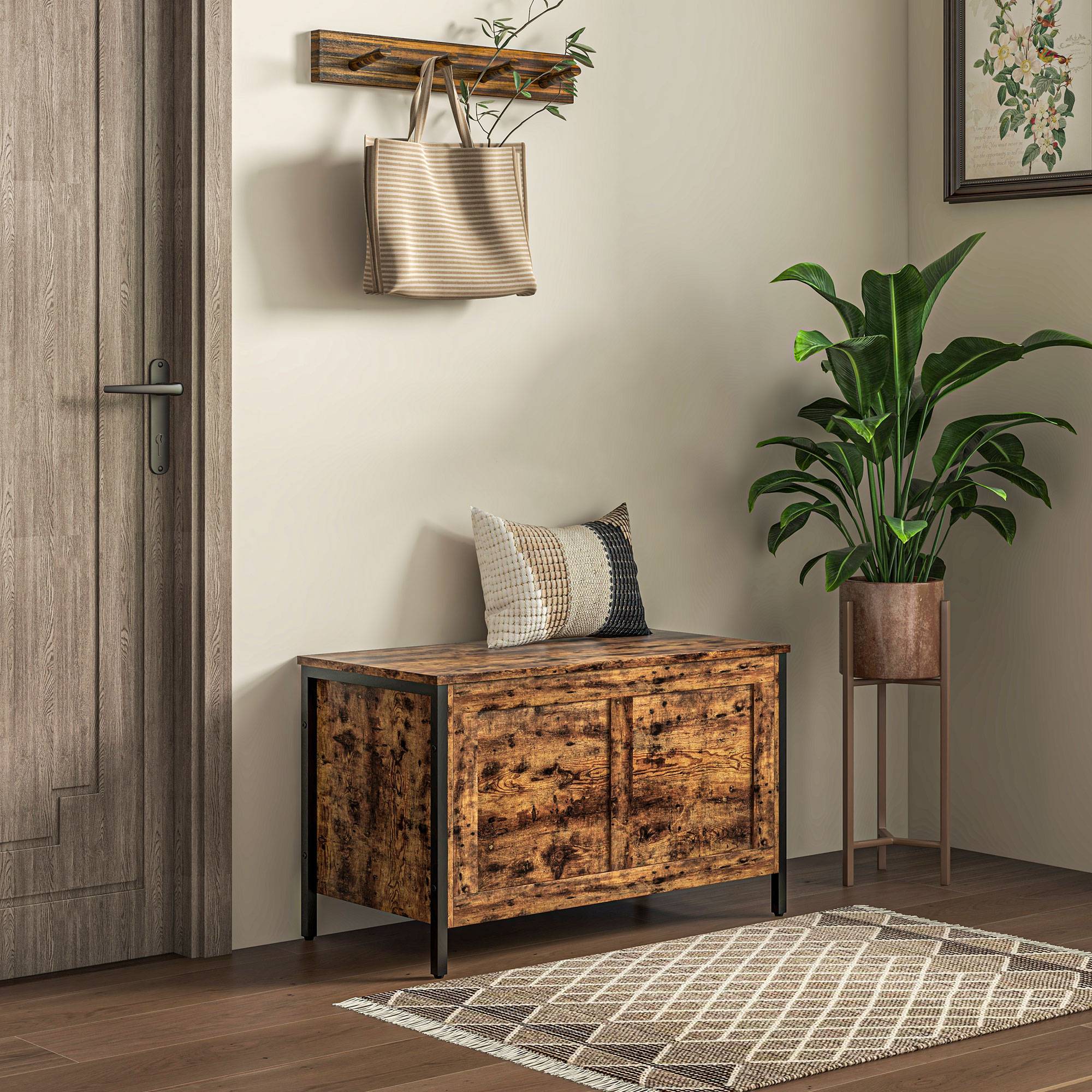 Coffre rangement industriel bois 95 L avec charnières sécurité, coffre jouets et banc rangement 80x40x49 cm marron rustique - Image 3