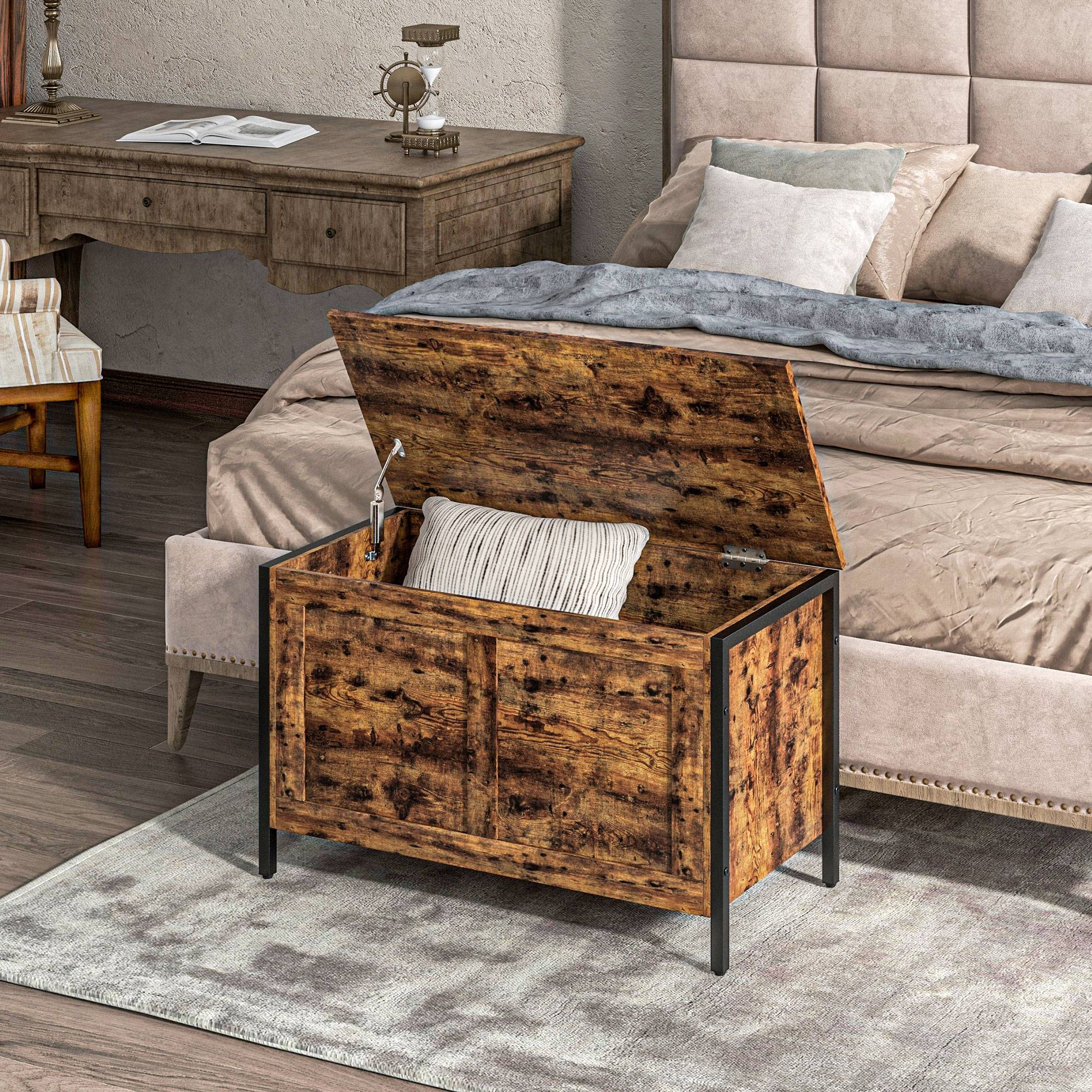 Coffre rangement industriel bois 95 L avec charnières sécurité, coffre jouets et banc rangement 80x40x49 cm marron rustique - Image 4