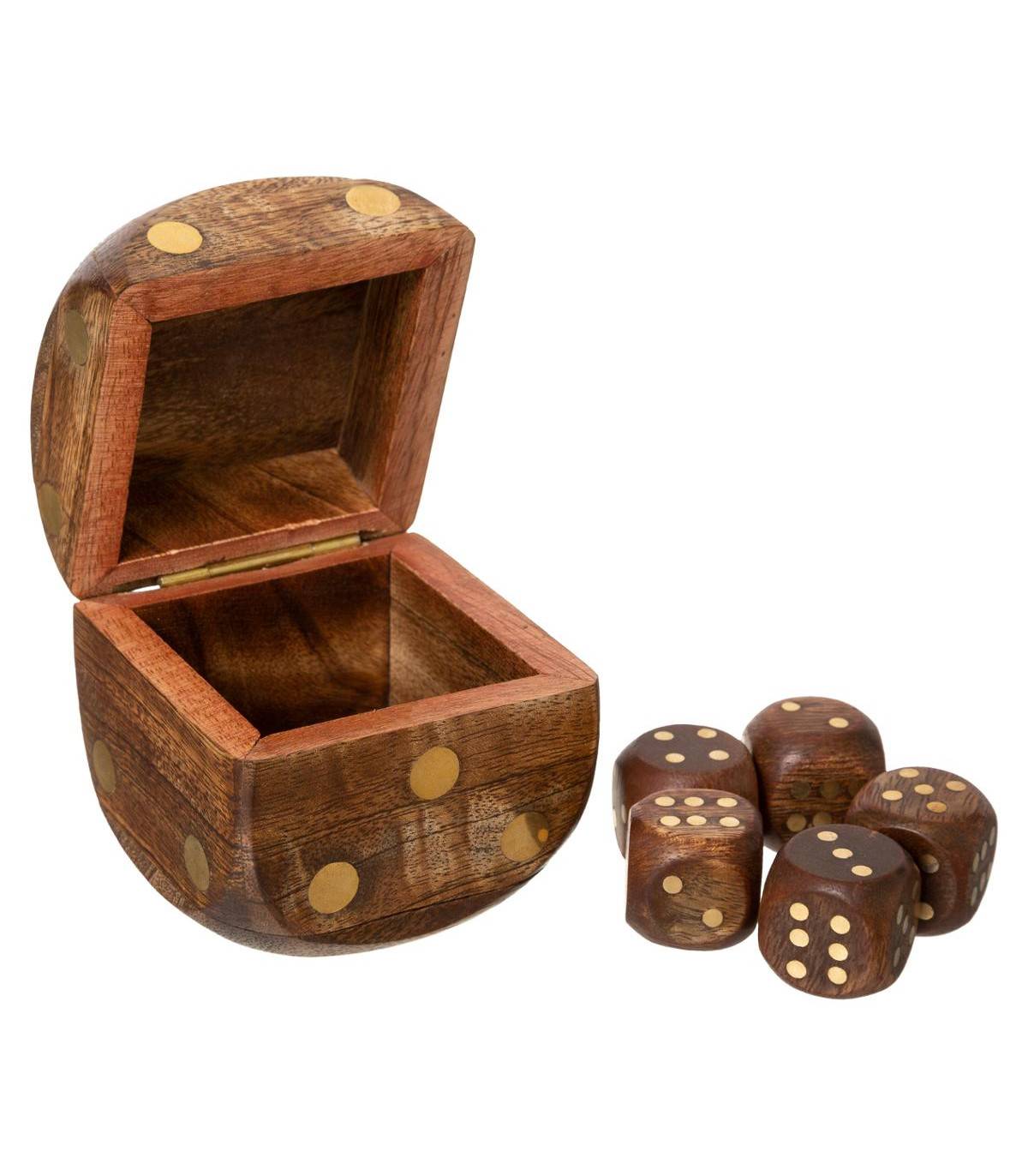 Objet déco Jeu de 5 Dés dans une Boite en forme de Dé en Bois de Manguier et Laiton - Image 1