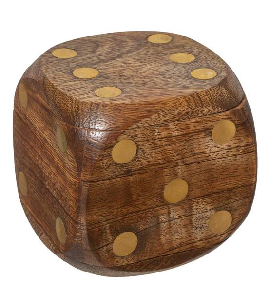 Objet déco Jeu de 5 Dés dans une Boite en forme de Dé en Bois de Manguier et Laiton - Image 2