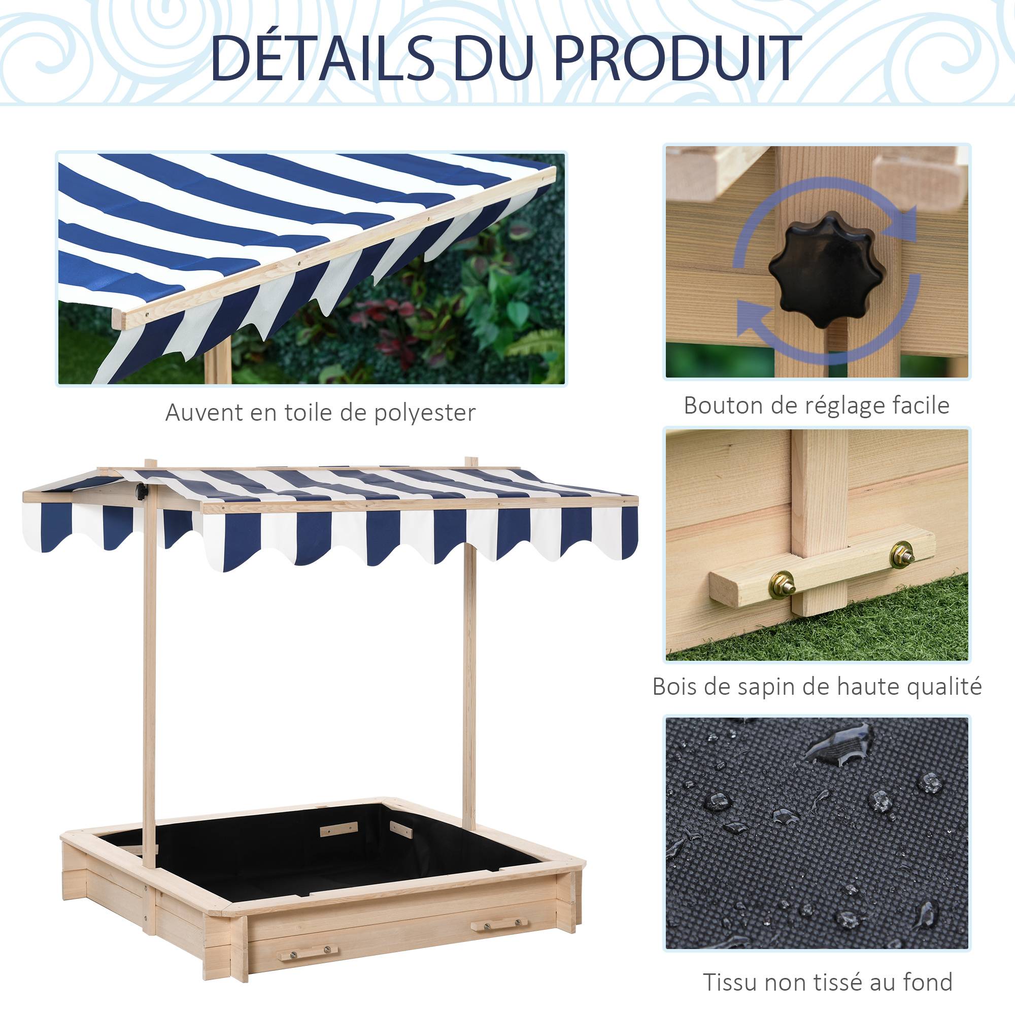 Bac à sable carré en bois pour enfants dim. 106L x 106l cm avec bancs et couvercle - auvent réglable - Image 9