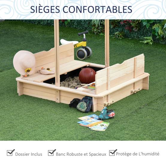 Bac à sable carré en bois pour enfants dim. 106L x 106l cm avec bancs et couvercle - auvent réglable - Image 8