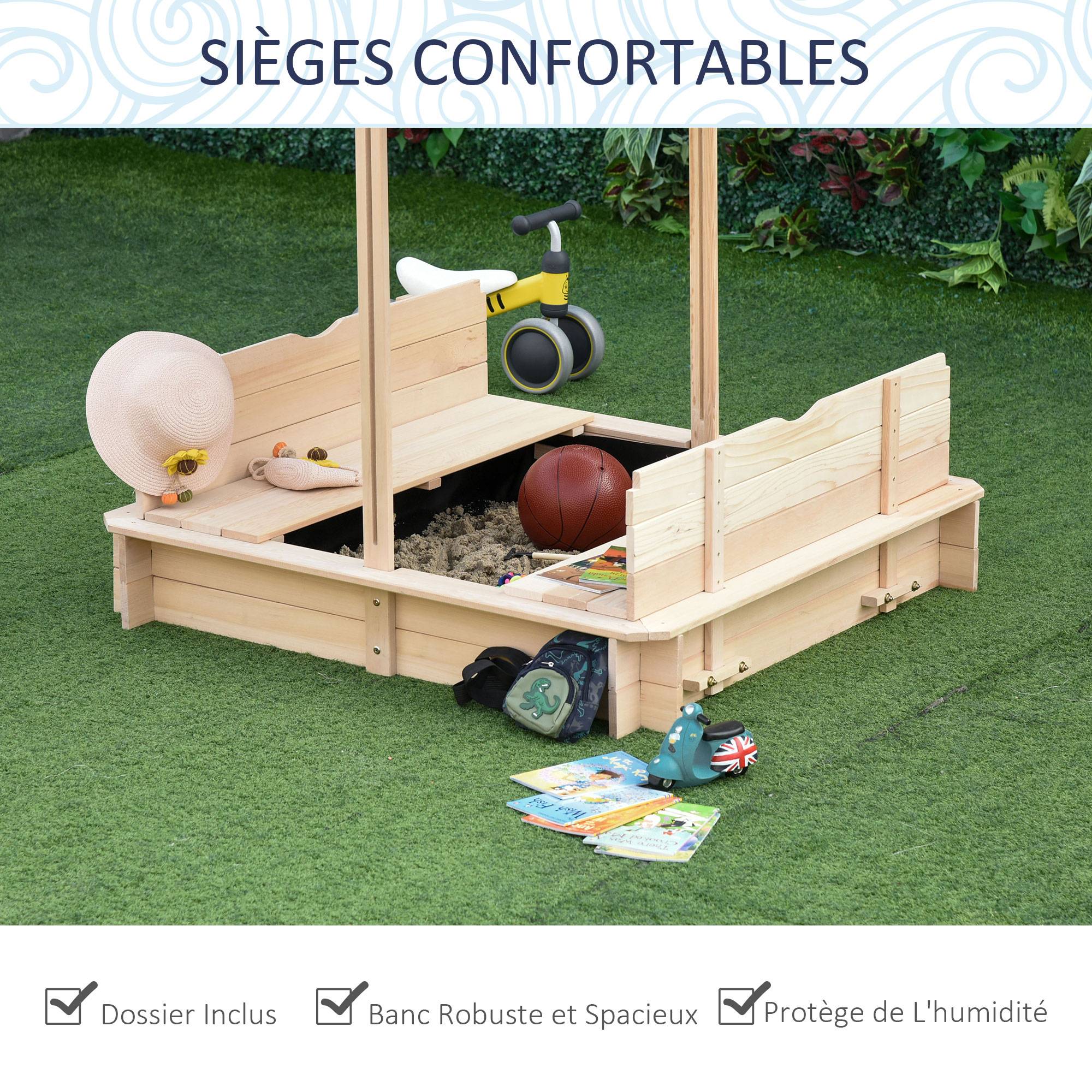 Bac à sable carré en bois pour enfants dim. 106L x 106l cm avec bancs et couvercle - auvent réglable - Image 8