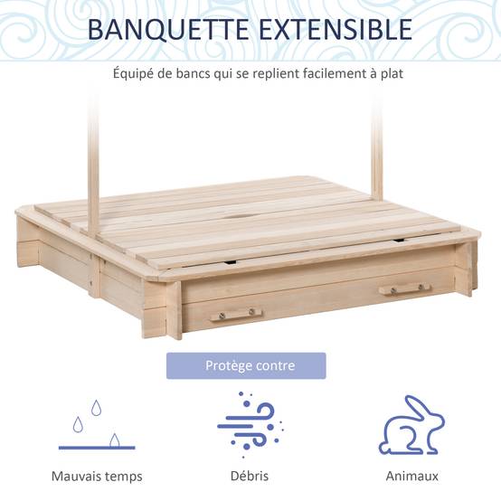 Bac à sable carré en bois pour enfants dim. 106L x 106l cm avec bancs et couvercle - auvent réglable - Image 7