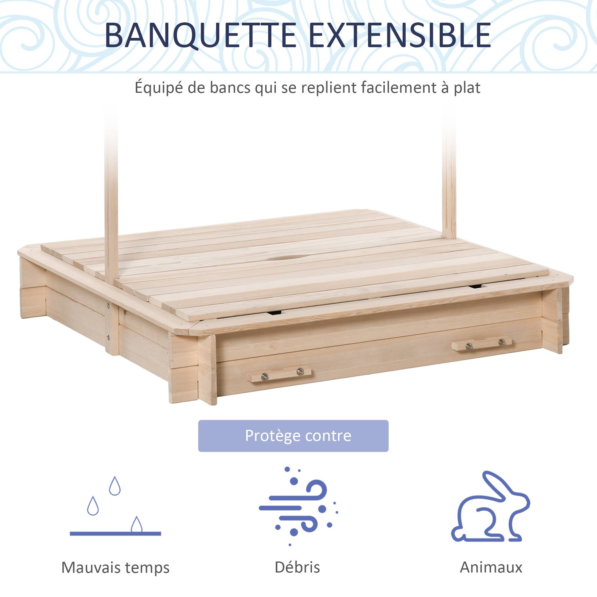Bac à sable carré en bois pour enfants dim. 106L x 106l cm avec bancs et couvercle - auvent réglable - Image 7