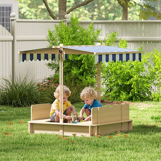 Bac à sable carré en bois pour enfants dim. 106L x 106l cm avec bancs et couvercle - auvent réglable - Image 3