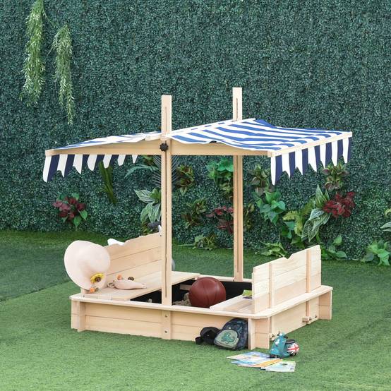 Bac à sable carré en bois pour enfants dim. 106L x 106l cm avec bancs et couvercle - auvent réglable - Image 4