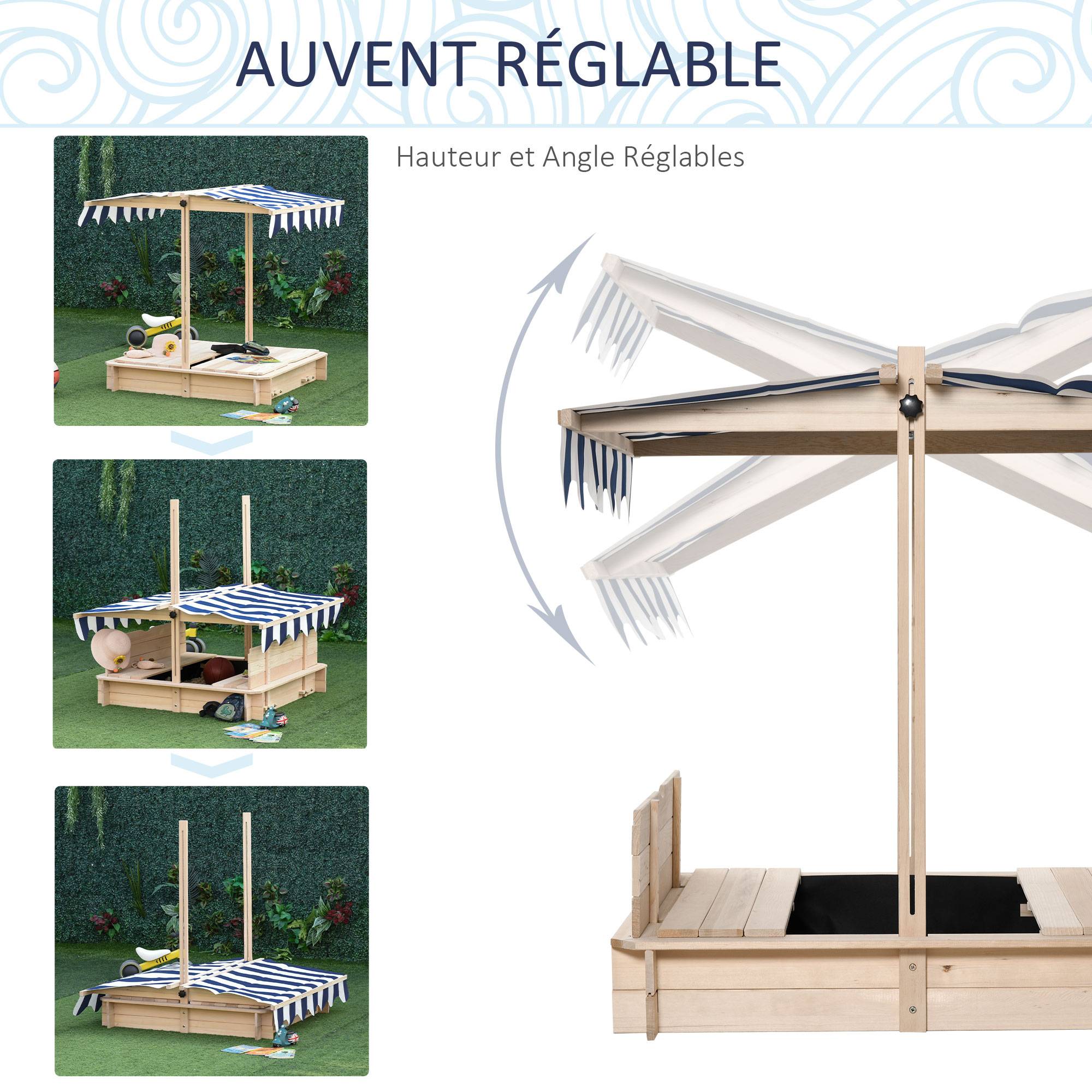 Bac à sable carré en bois pour enfants dim. 106L x 106l cm avec bancs et couvercle - auvent réglable - Image 6
