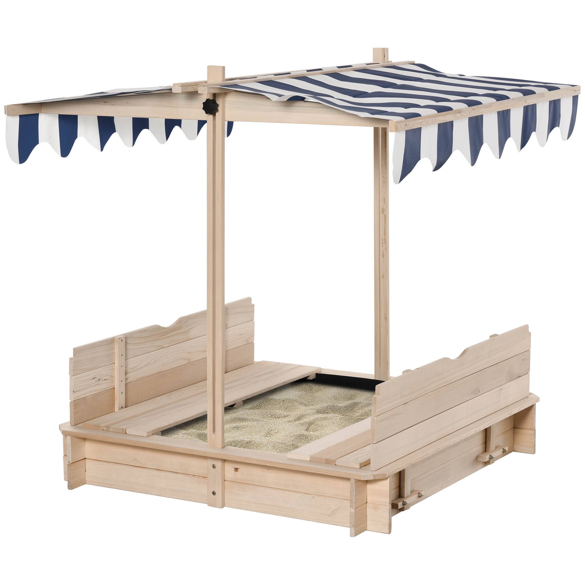 Bac à sable carré en bois pour enfants dim. 106L x 106l cm avec bancs et couvercle - auvent réglable