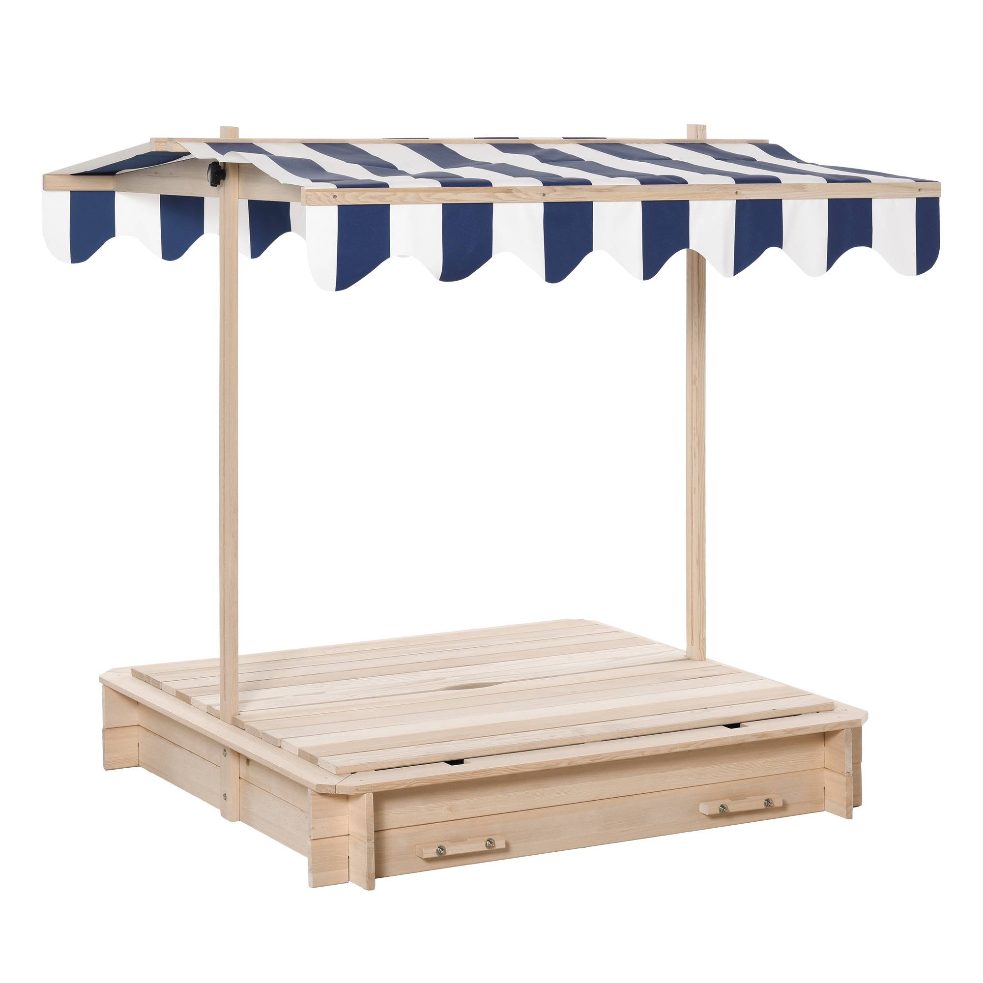 Bac à sable carré en bois pour enfants dim. 106L x 106l cm avec bancs et couvercle - auvent réglable - Image 2